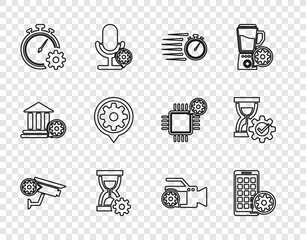Set line Security camera setting, Mobile Apps, Stopwatch, Hourglass, Time management, Setting, Video and icon. Vector