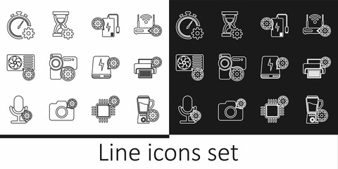 Set line Blender with bowl setting, Printer, Power bank, Video camera, Air conditioner, Time management, and Hourglass icon. Vector