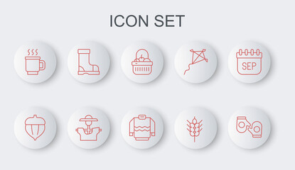 Set line Christmas mitten, Acorn, Basket and food, Wheat, Cup of tea, Waterproof rubber boot, Scarecrow and Sweater icon. Vector