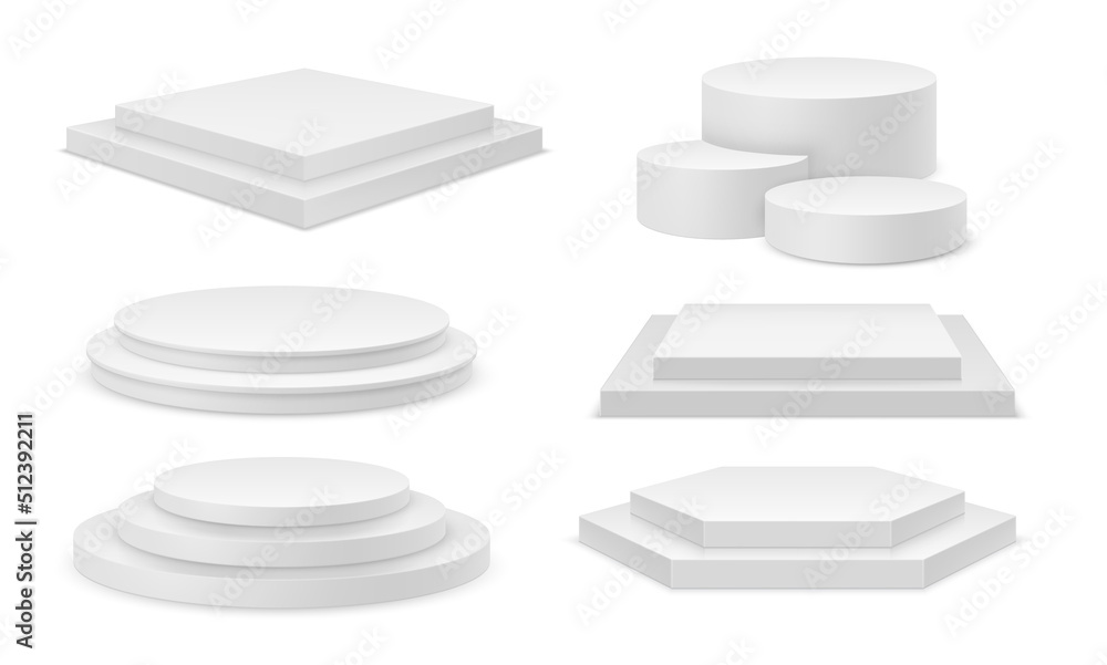 Poster White realistic 3D podiums set, isolated steps pedestal. Vector illustration abstract studio platforms of circle and rectangle shape. Promotion display podium, minimal scene for products showcase