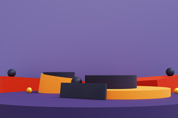 halloween background. colorful podium on stage with red and purple platform. stage to show product. stage on pedestal modern 3d studio