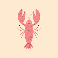 Pink lobster hand drawn vector illustration. Funny crayfish character in flat style for kids logo or icon.