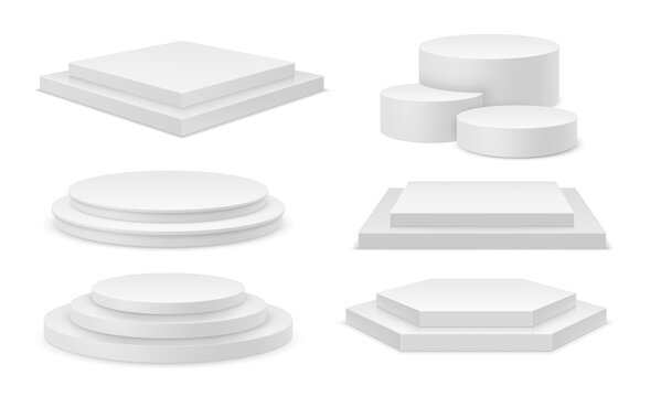White realistic 3D podiums set, isolated steps pedestal. Vector illustration abstract studio platforms of circle and rectangle shape. Promotion display podium, minimal scene for products showcase