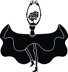 Black and White Cartoon Illustration Vector of a Day of The Dead Festival Celebration Dancer