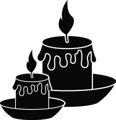 Black and White Cartoon Illustration Vector of a Lit Candle with Flame and Melted Wax on a Daucer Dish