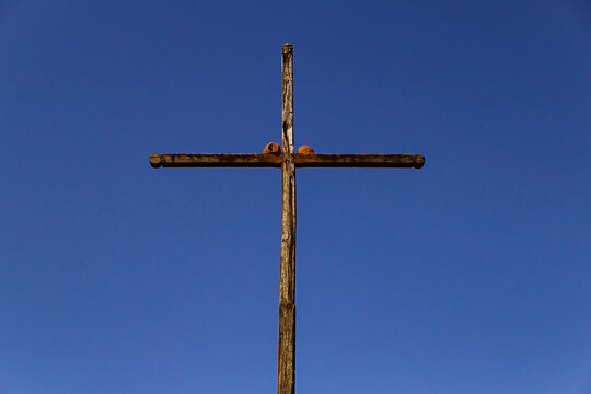 Dois ninhos em uma cruz de madeira com céu azul ao fundo. (Furnarius rufus)