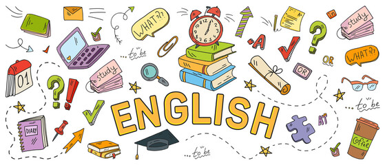 English language learning concept vector illustration. Doodle of foreign language education course for home online training study. - 512392631