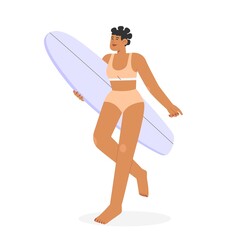 Concept of a vacation at a seaside resort. Flat vector illustration with happy female character with a surf. 