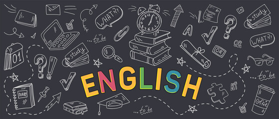 English language learning concept vector illustration. Doodle of foreign language education course for home online training study.