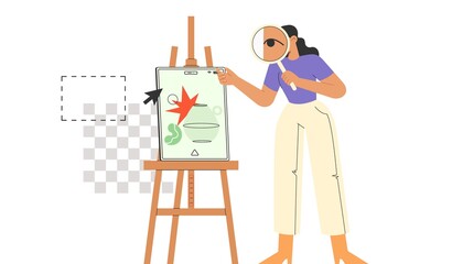 NFT concept. Digital Art. Flat vector illustration with female character watching a gallery of illustrations on a tablet.