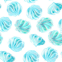 Background of Blue delicate marshmallows, bizet cakes. Graphic color drawing with handmade watercolor paint. Confectionery products.