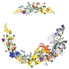 watercolor flowers wreath. floral frame illustrations. Botanical composition. Summer flowers
