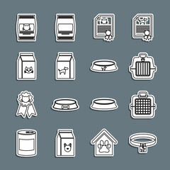Set line Dog collar, Pet carry case, Certificate for dog or cat, Bag of food, and bowl icon. Vector