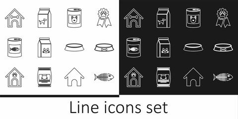 Set line Fish skeleton, Pet food bowl, Canned for dog, Bag of cat, Dog house and bone, and icon. Vector