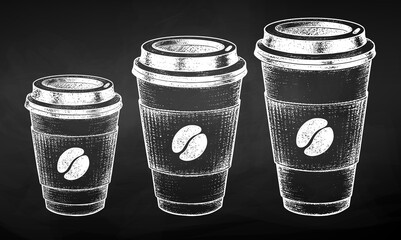 Chalked paper coffee cups in three sizes