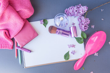 Circle perfume bottle, pink hair brush and makeup brush with different flowers, horizontal empty white list template