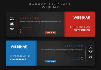 Landscape banner template in black background with orange and blue design for online advertising