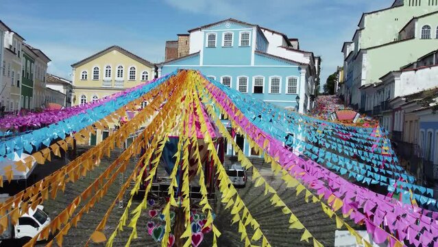 salvador, bahia, brazil - june 20, 2022: view of decoration with banners for parties of Sao Joao in Pelourinho, historic center of the city of Salvador.