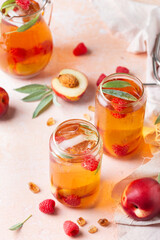 Peach raspberry iced tea, summer refreshing drink, beverage, cocktail