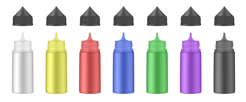 Set of open e-liquid bottles for vaping. Vape liquid droppers