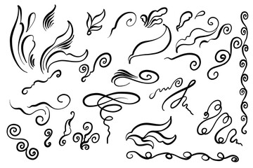 Doodle sketch cute curls, book page design, curly waves, hand-drawn doodles, wavy strokes, plant elements