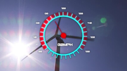 Animation of speedometer over wind turbines and sun - Powered by Adobe