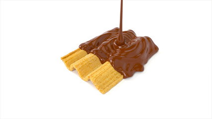 Whole wheat crackers topped with Chocolate. 3D illustration.