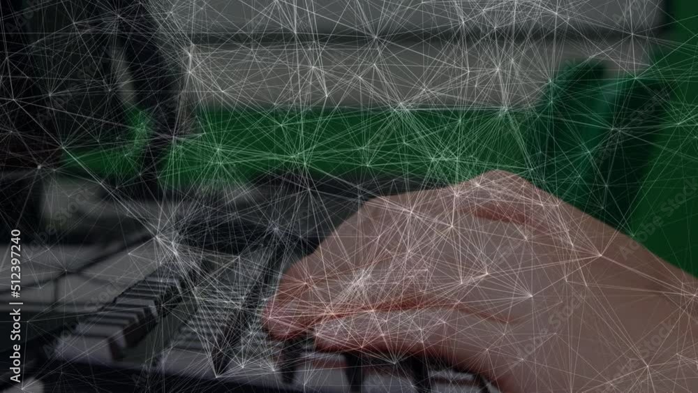 Poster animation of network of connections over caucasian male student using computer