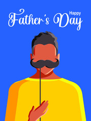 Happy Father's Day. Modern postcard with a young man holding a paper mustache in his hand for humor, who has become a father or is about to become one. Vertical blue background. Vector.