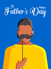 Happy Father's Day. Modern postcard with a young man holding a paper mustache in his hand for humor, who has become a father or is about to become one. Vertical blue background.