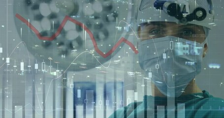 Animation of financial data over caucasian female surgeon - Powered by Adobe