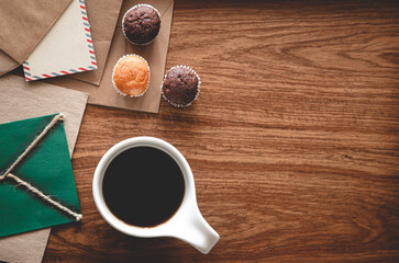 Vintage composition with envelopes on wooden background, flat lay.