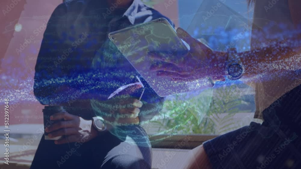 Poster animation of data processing and globe over caucasian business people using tablet