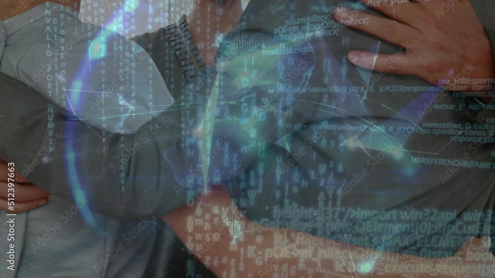 Aufkleber animation of data processing and globe over diverse business people embracing