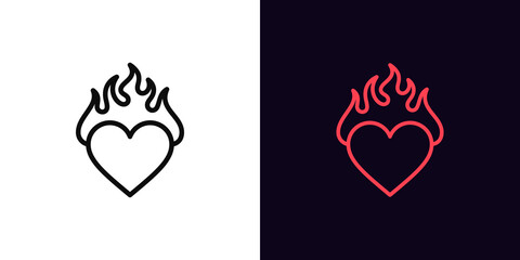 Outline burning heart icon, with editable stroke. Heart silhouette with fire, blazing love pictogram. Hot passion - obrazy, fototapety, plakaty