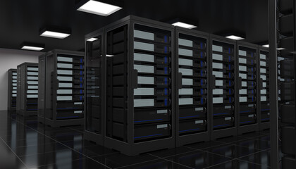 Internet data center room with server and network device in rack cabinet, cloud data storage, computer security, data center, black color, 3d illustration