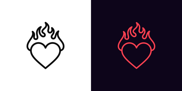 Outline burning heart icon, with editable stroke. Heart silhouette with fire, blazing love pictogram. Hot passion