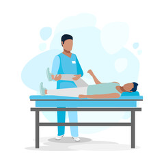 The patient is undergoing orthopedic rehabilitation with a physiotherapist. Physiotherapy. Restoration of health after illness and injury. Flat vector illustration.
