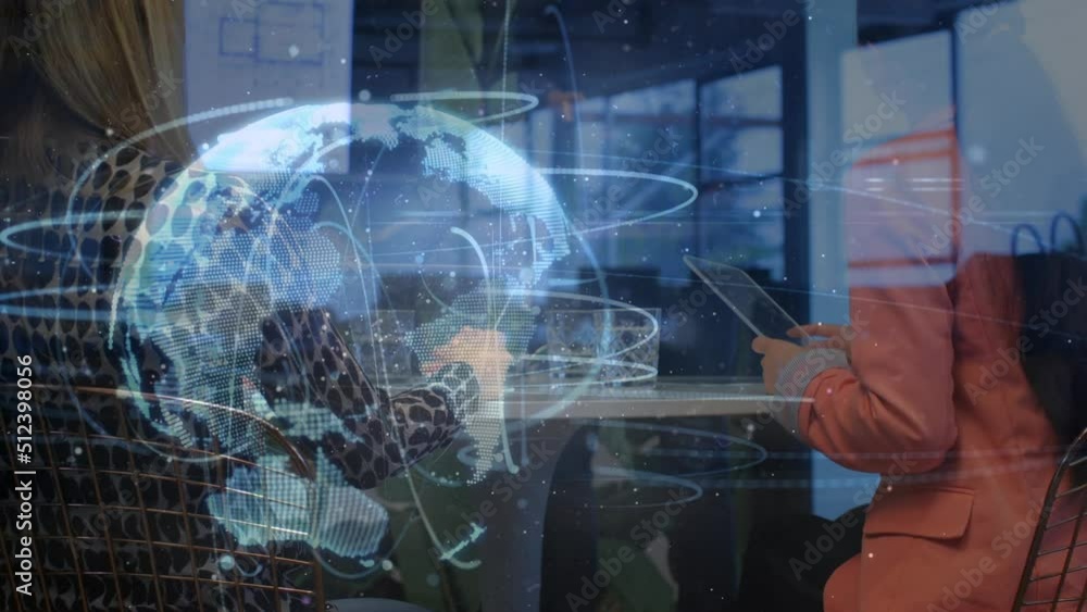 Poster animation of data processing and globe over diverse business people talking