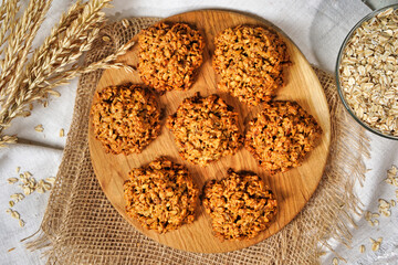 The oatmeal cookies selective focus close up or healthy cereal oat crackers. Crispy anzac biscuit...
