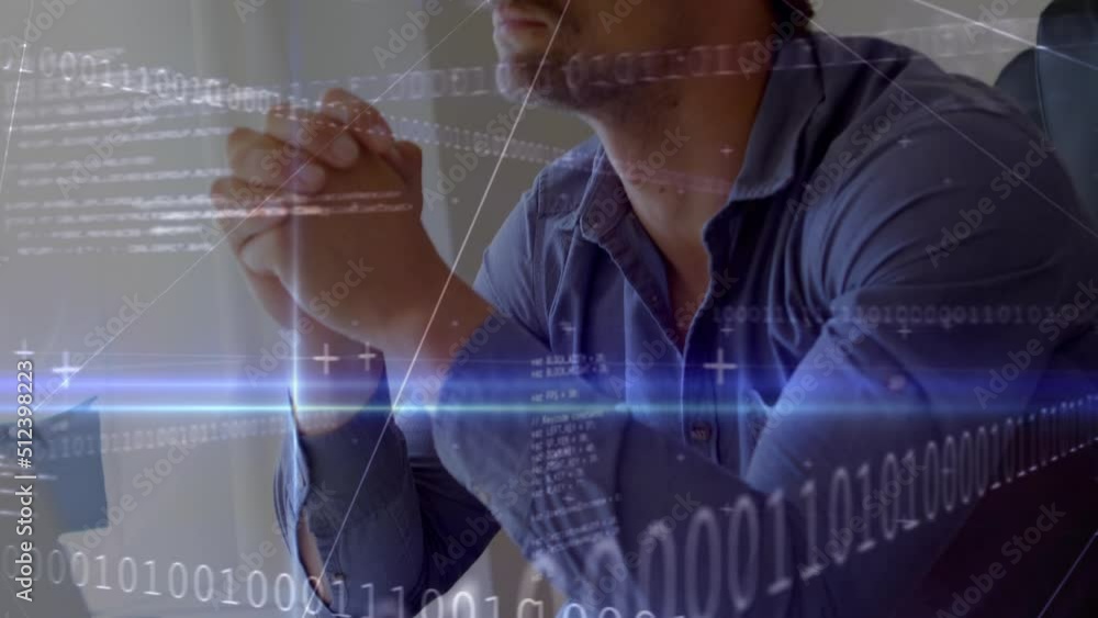 Poster animation of data processing over caucasian man using vr headset