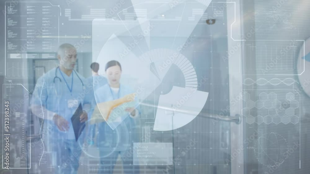 Poster animation of data processing over diverse doctors talking