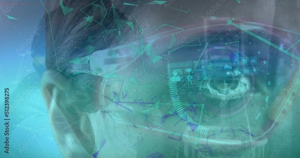 Poster animation of data processing over caucasian man with glasses