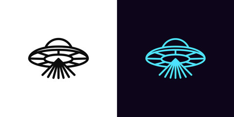 Outline alien UFO icon, with editable stroke. Alien spacecraft with scanning beams, UFO spaceship pictogram. Space invasion