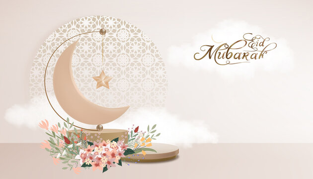 Eid al Adha Mubarak greeting design with Crescent Moon and Star hanging on 3D podium on beige sky,cloud background.Vector Backdrop of Religion of Islamic,Muslim Symbolic for Eid al fitr,Ramadan Kareem