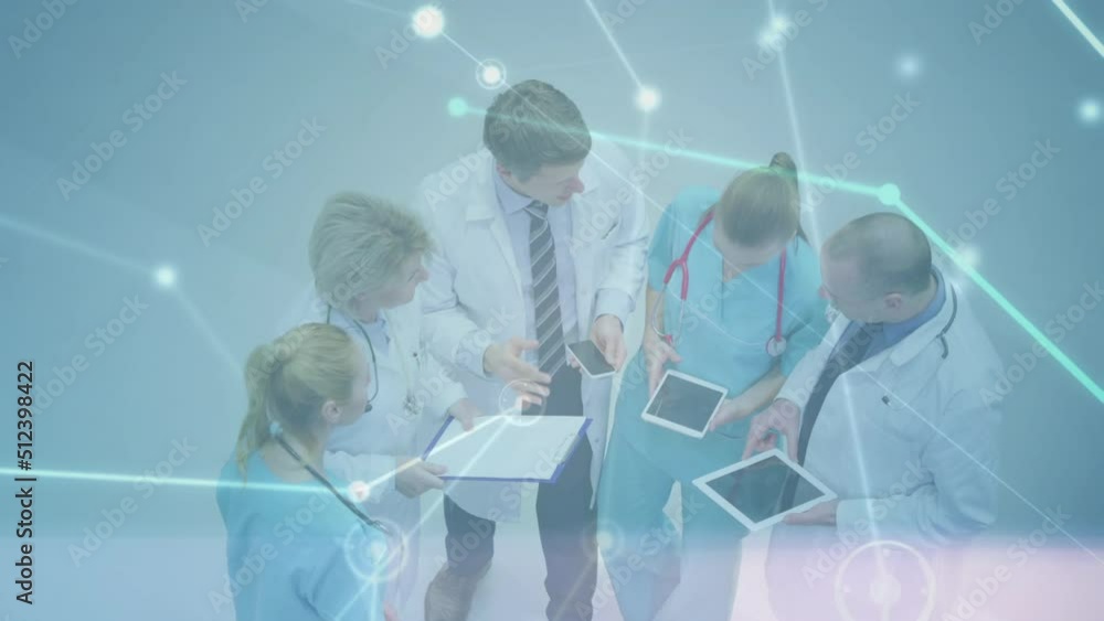 Poster animation of data processing over caucasian doctors talking