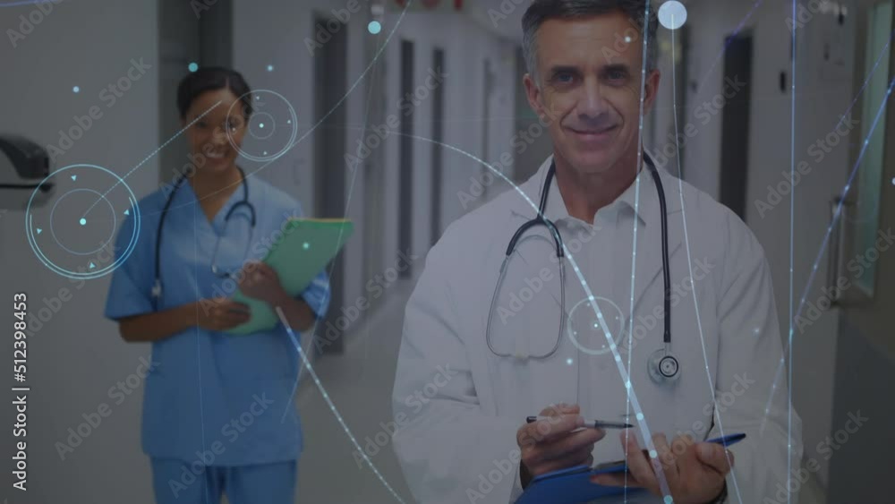 Poster animation of data processing over diverse doctors smiling