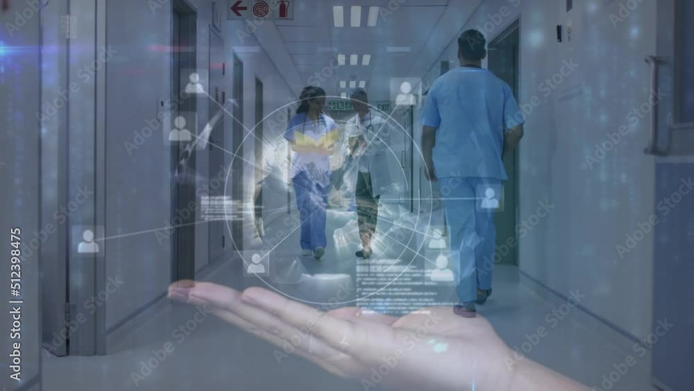 Poster animation of data processing over diverse doctors walking