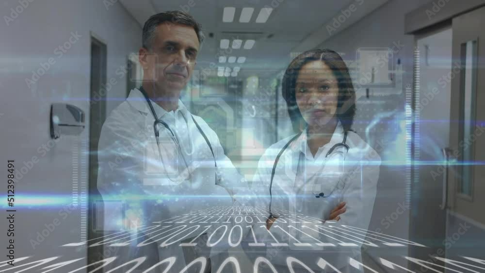 Poster animation of data processing over diverse doctors smiling