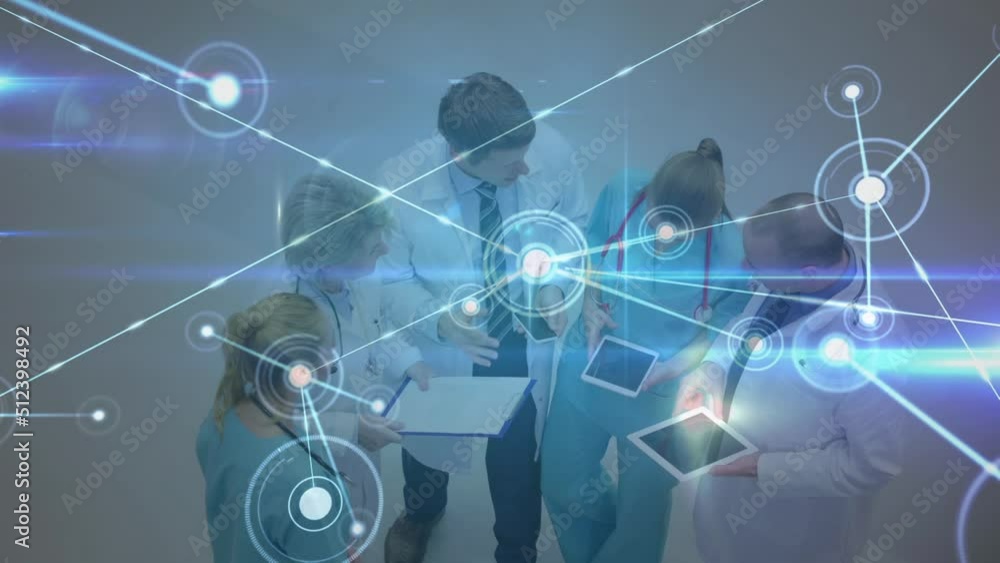 Poster animation of data processing over caucasian doctors talking